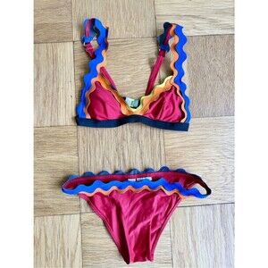 Rye Cackle Bikini Set w/ Contrasting Scalloped Trim, Red, Size XS, EUC